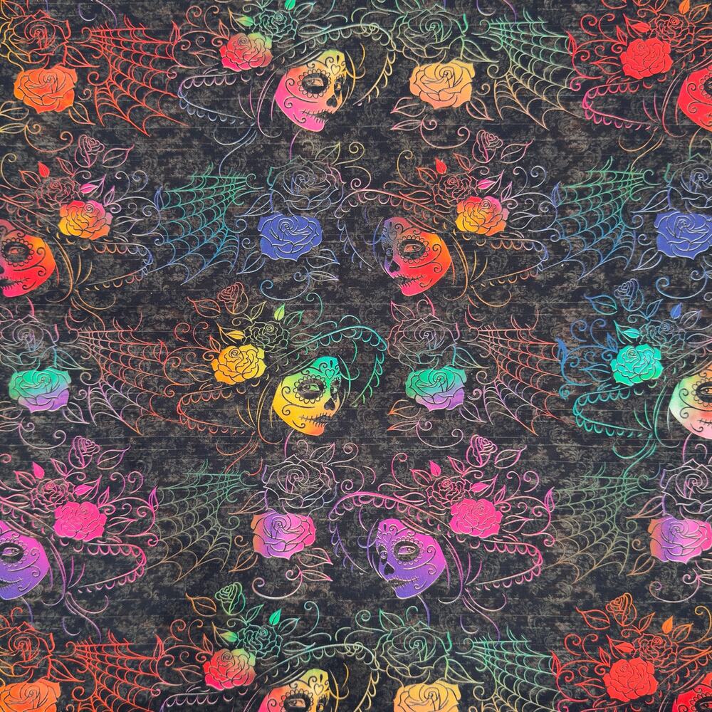 Colorful Day of the Dead Skull Rose Spiderweb Cotton Fabric - Remanent 2/3 Yard